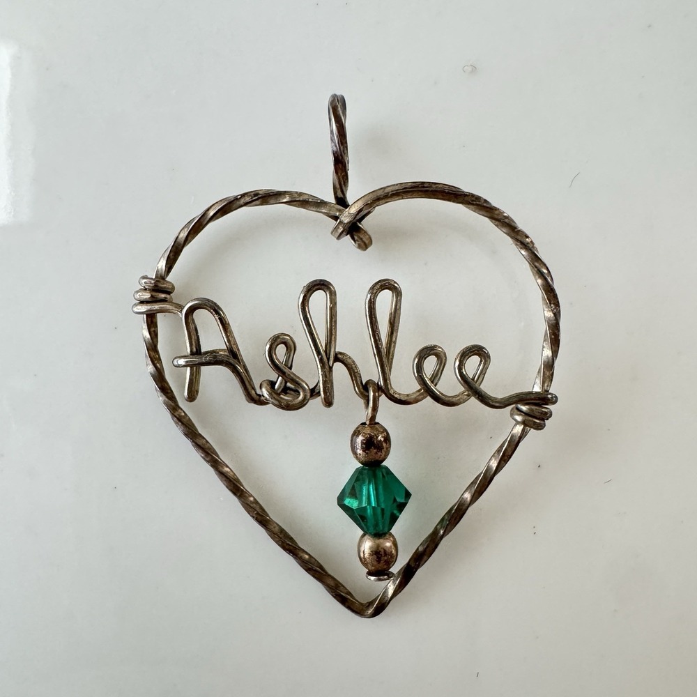 Vintage Heart Wire Large Pendant Custom Name "Ashlee" Green Bead Boho Love Charm